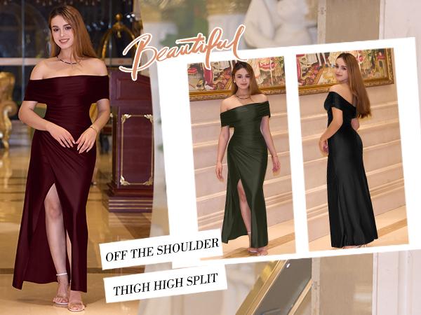 OYS Women's Elegant Off Shoulder High Split Bodycon Evening Wedding Maxi Dress