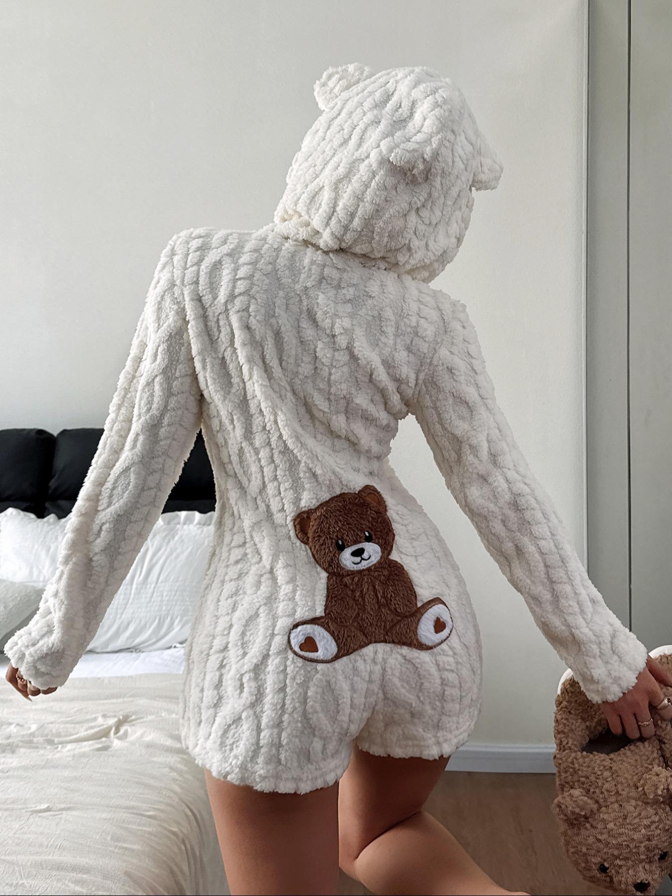 Teddy Bear Embroidered Hooded Fleece Sweatshirt for Women