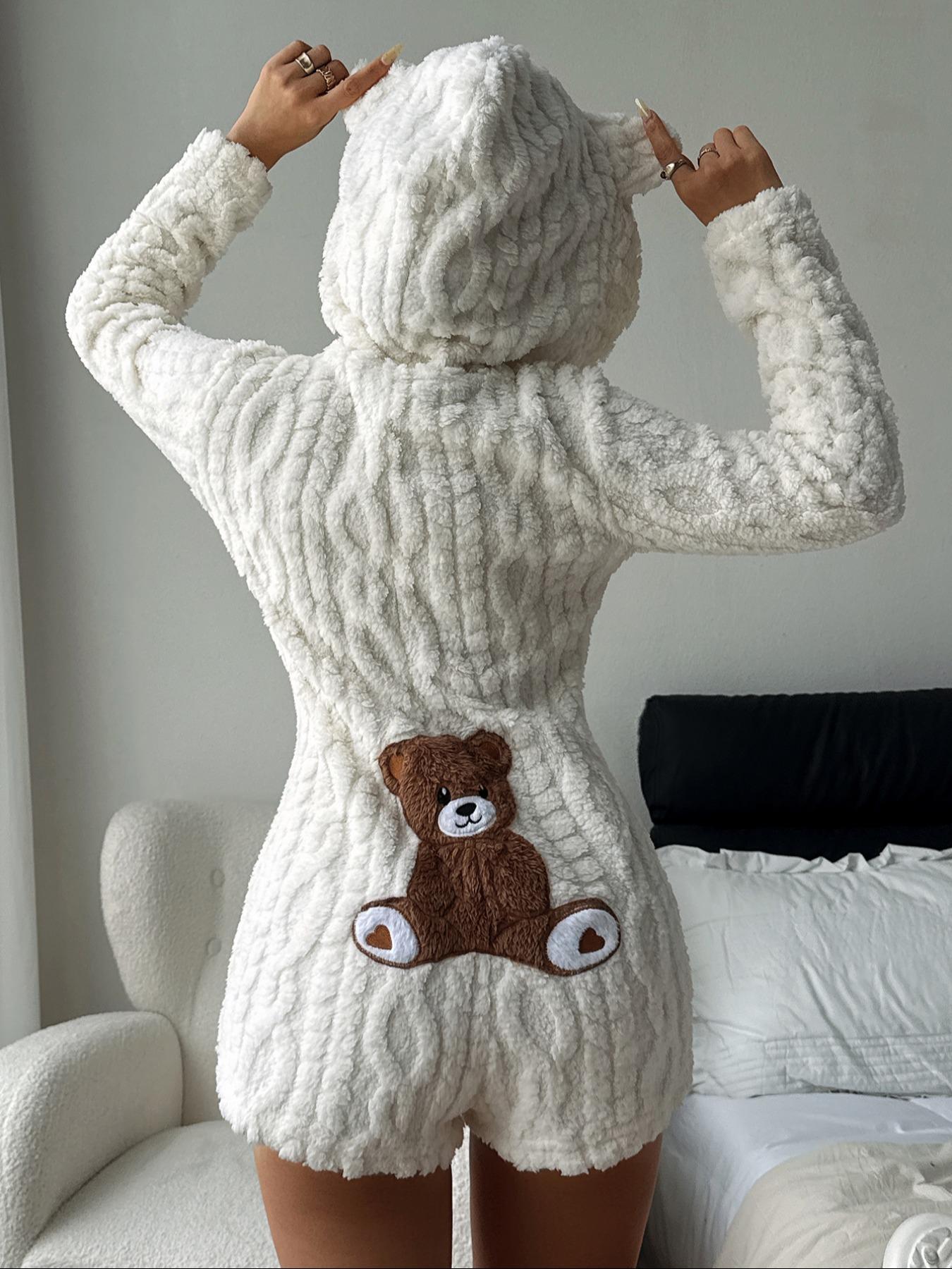 Teddy Bear Embroidered Hooded Fleece Sweatshirt for Women