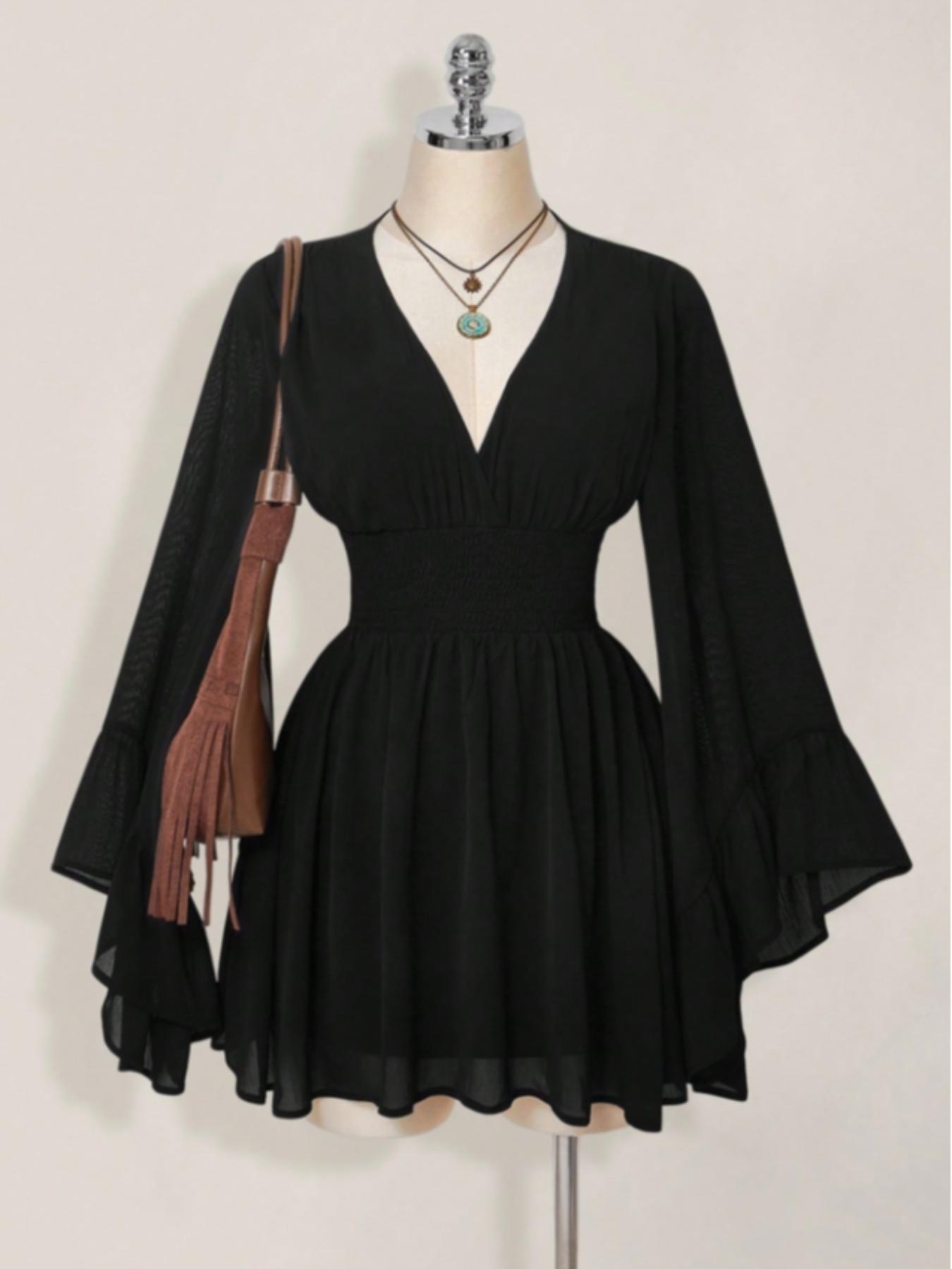 Women's Gothic Mini Dress with Lantern Sleeves & Belted Waist