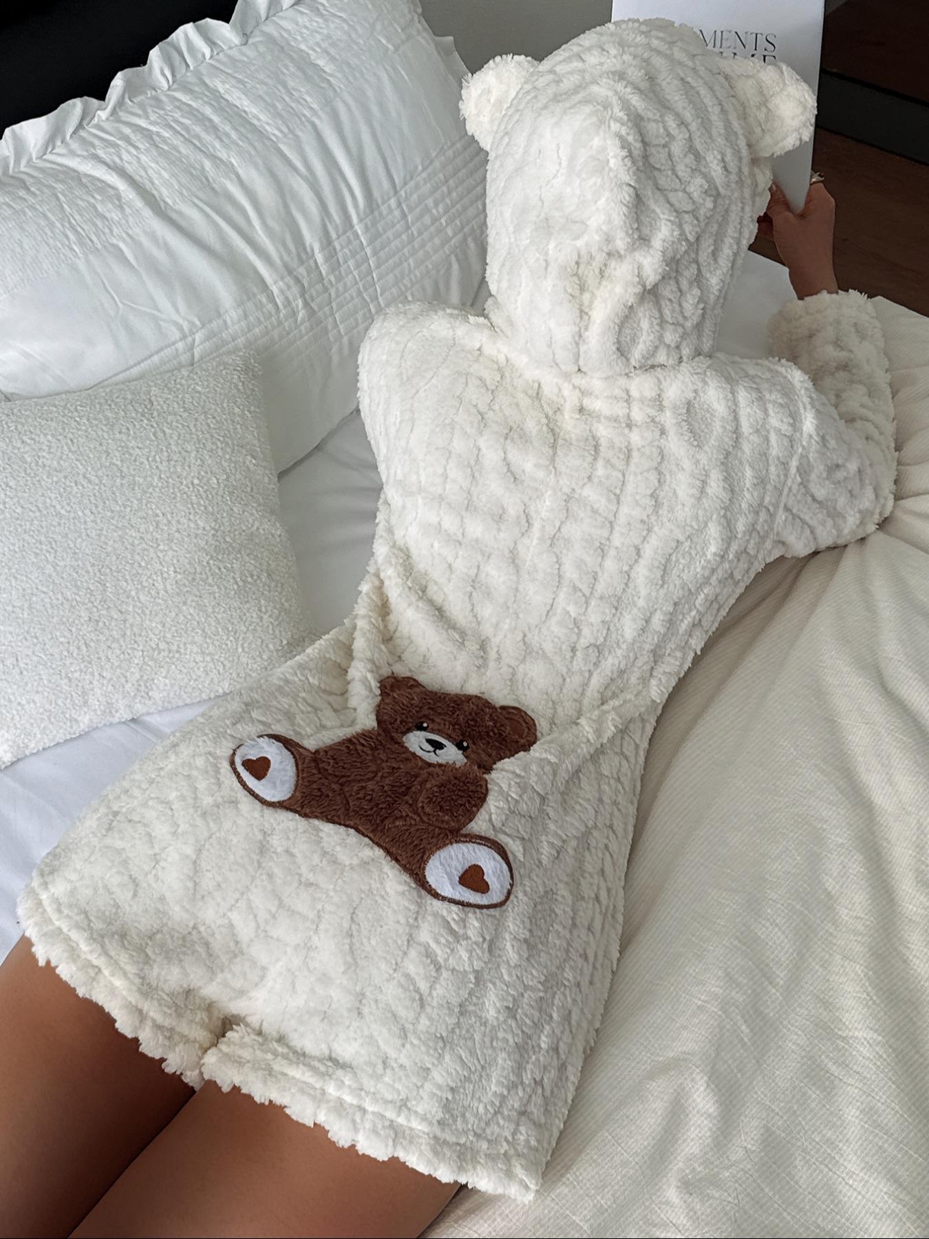 Teddy Bear Embroidered Hooded Fleece Sweatshirt for Women