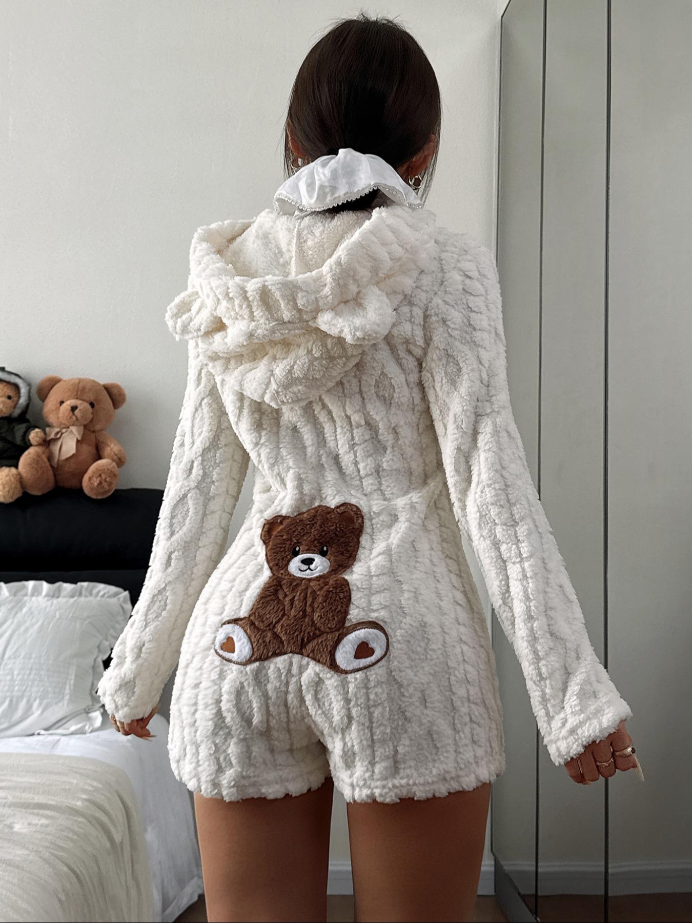 Teddy Bear Embroidered Hooded Fleece Sweatshirt for Women