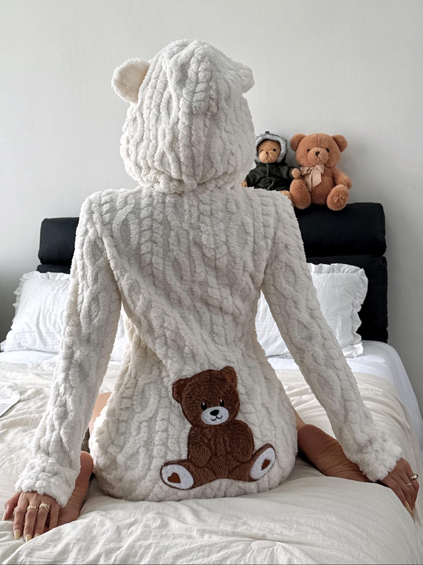 Teddy Bear Embroidered Hooded Fleece Sweatshirt for Women