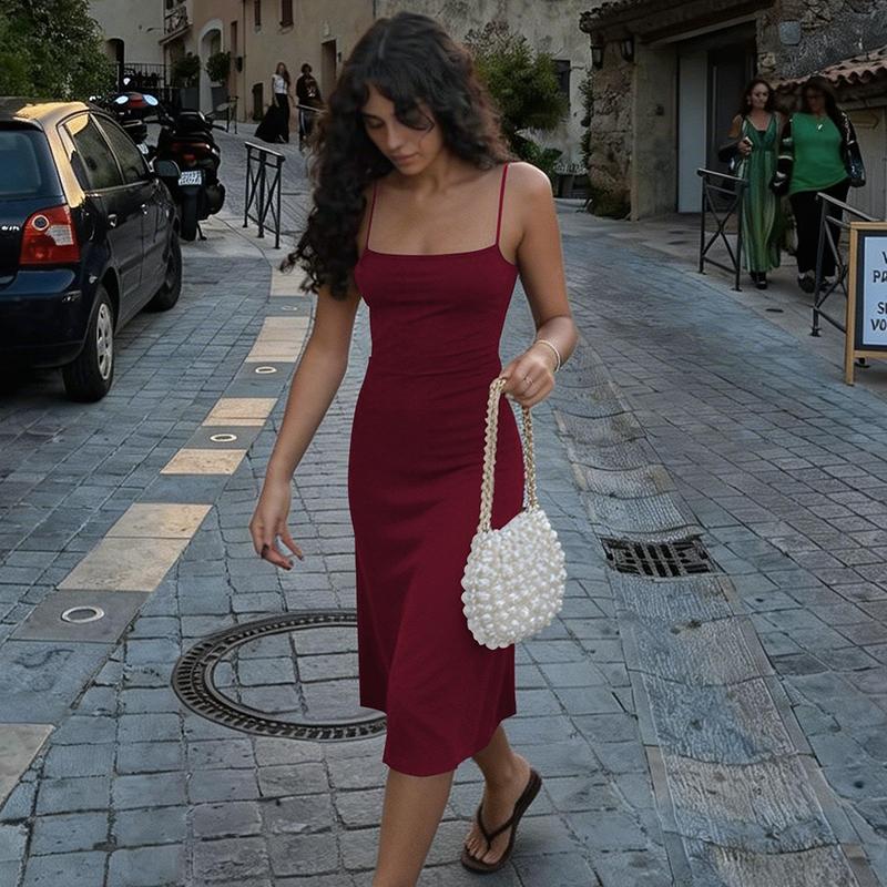 Bodycon Slip Dress - Sleeveless Backless Midi Dress for Women