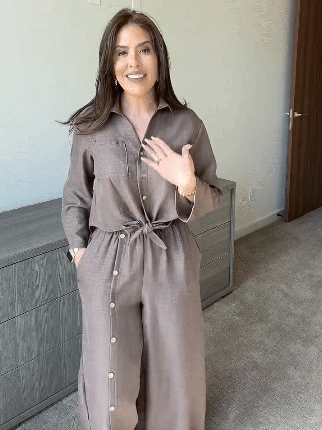 Linen-Blend Tie-Front Top & Wide-Leg Pants Set