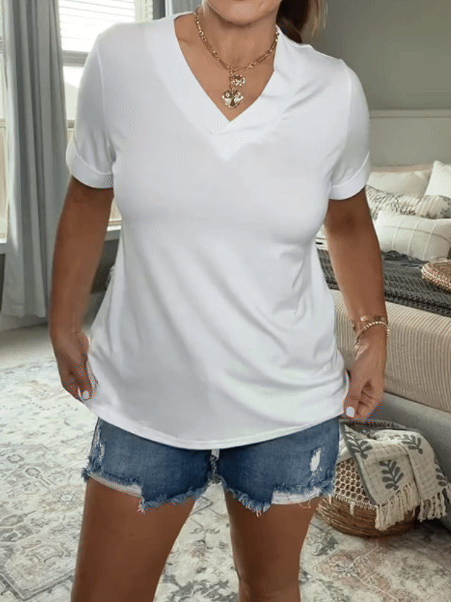 V-Neck Relaxed Fit Short Sleeve Top for Women
