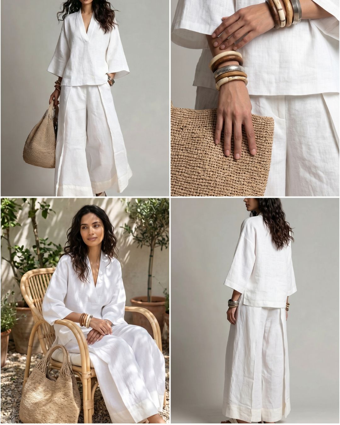 Linen Co-ord Set Deep V Tunic & Palazzo Pants Resort Wear
