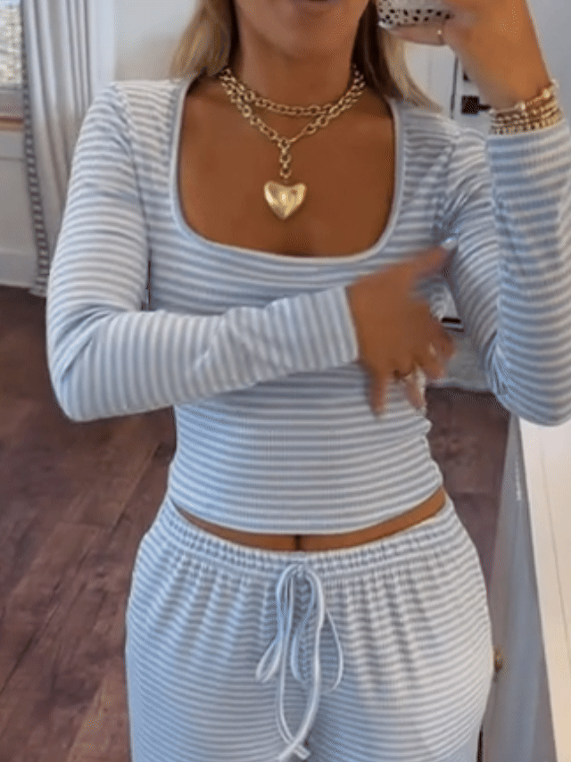 Women's Stripe Square Neck Crop Top & Wide Leg Pants Lounge Set