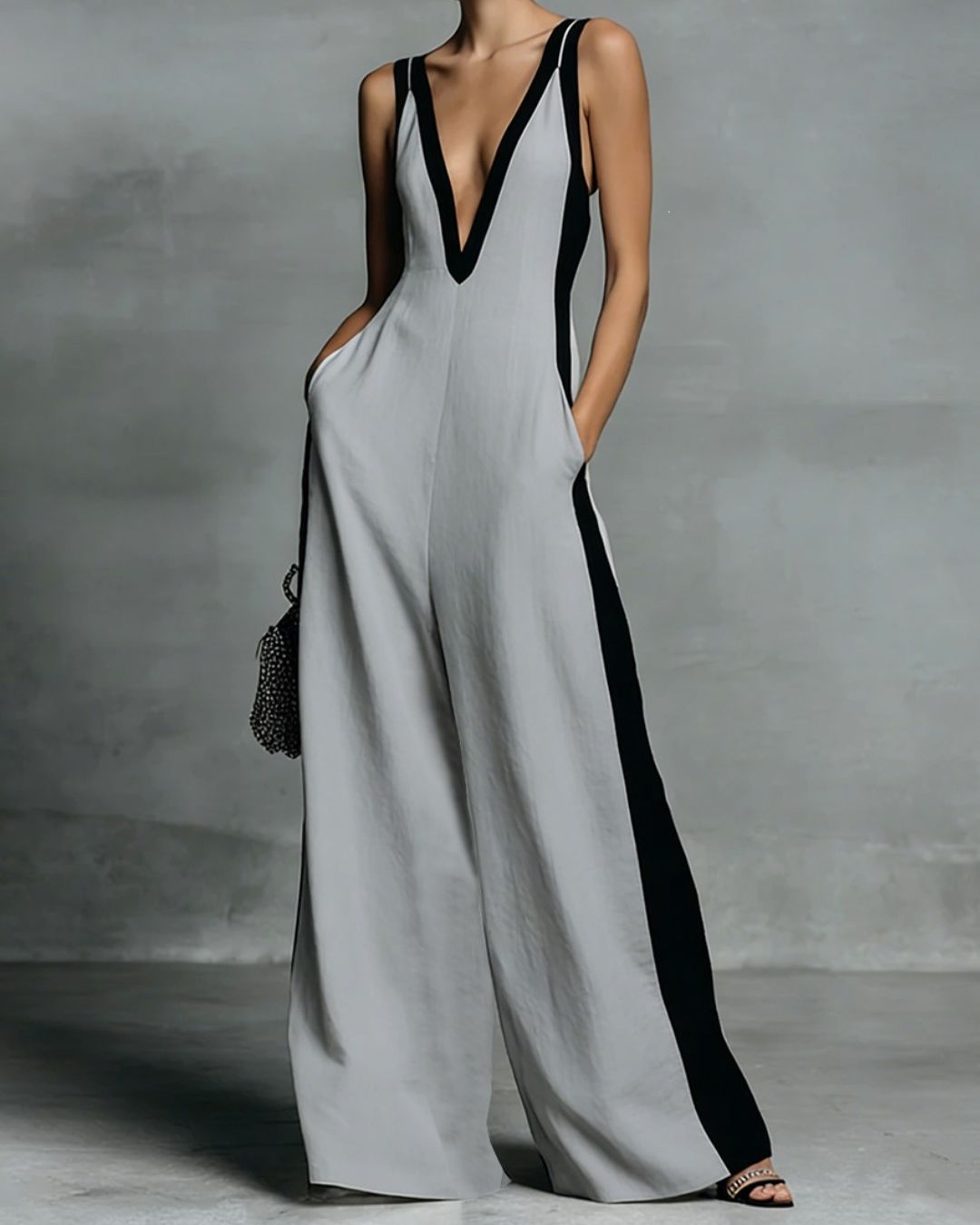 Black & White Stripe Wide-Leg Jumpsuit with Deep V-Neck