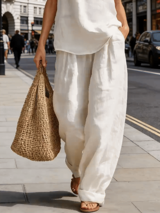 Linen-Blend Halter V-Neck Top & Wide-Leg Trousers Set