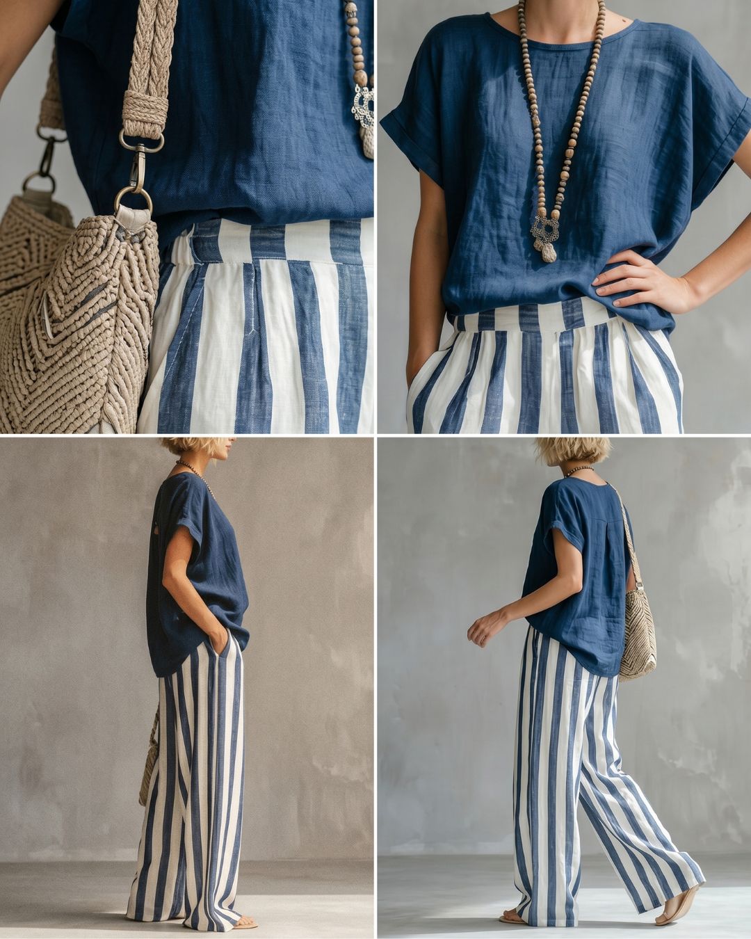 Cotton Linen Striped Two-Piece Set – Loose Fit Lounge Outfit