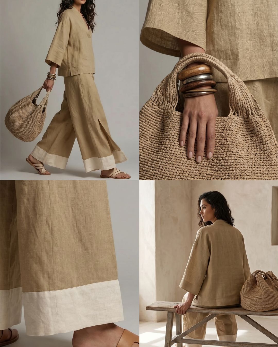 Linen Co-ord Set Deep V Tunic & Palazzo Pants Resort Wear