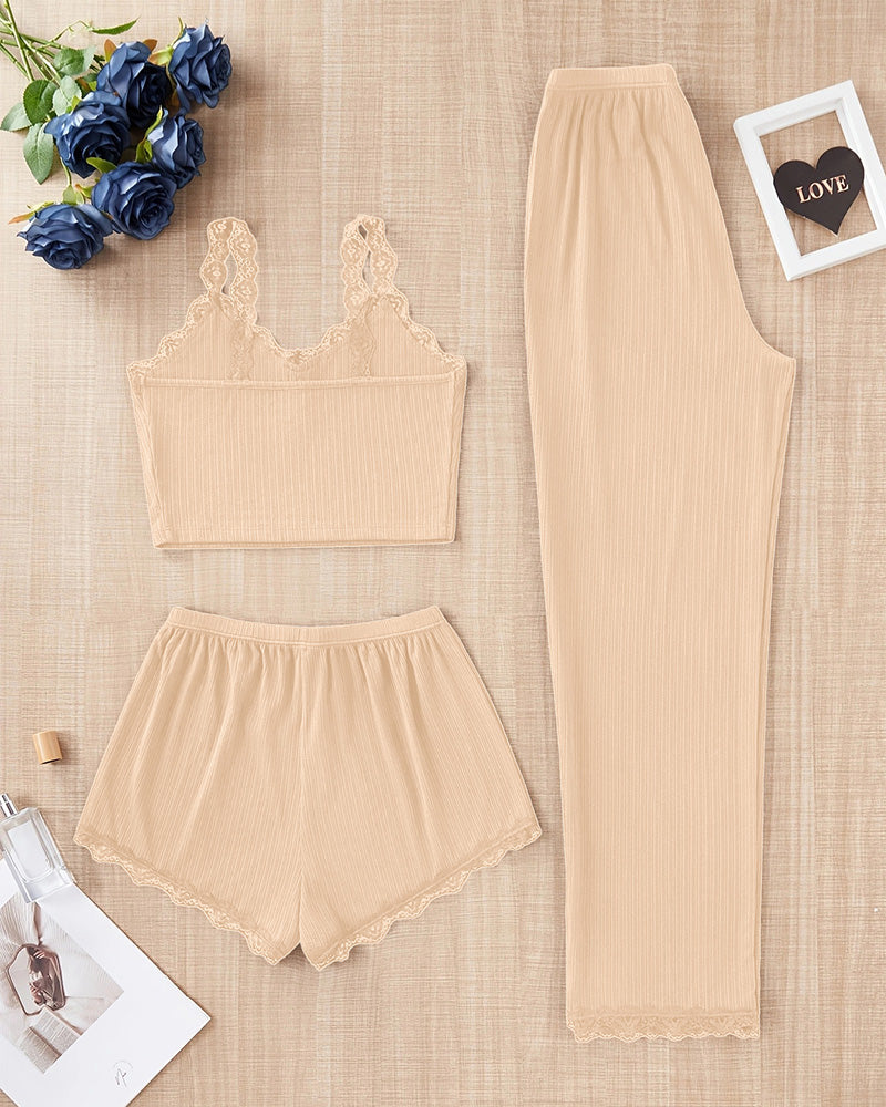 Lace Trim Knit Camisole Pajama Set – 3-Piece, 3 Colors