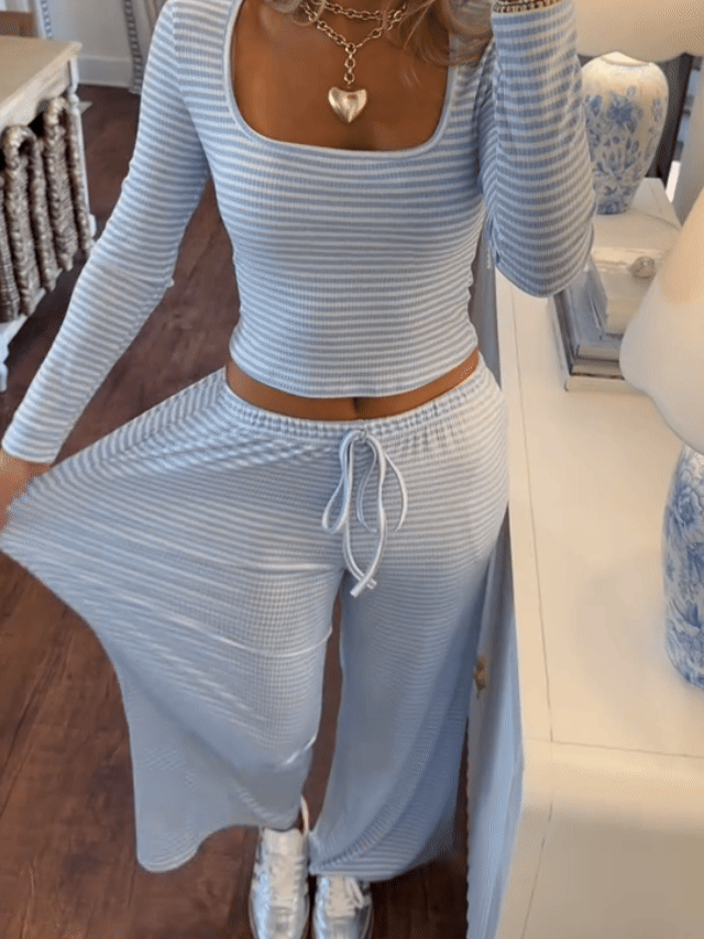 Women's Stripe Square Neck Crop Top & Wide Leg Pants Lounge Set