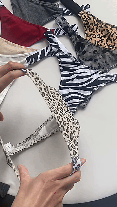 High-Cut Cotton Thong with Animal Print Straps