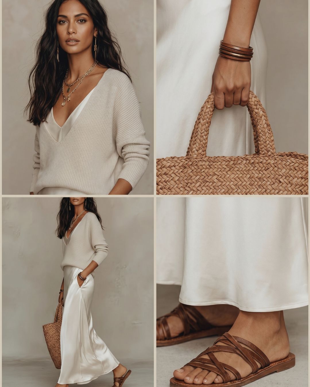Knit & Satin Midi Skirt Set – Ivory Coordinated Ensemble