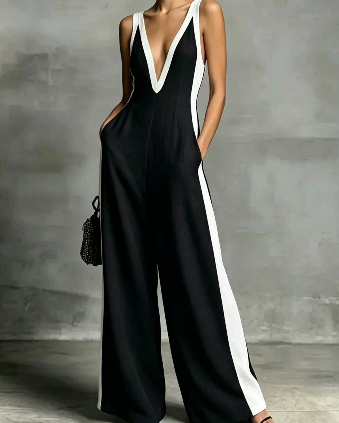 Black & White Stripe Wide-Leg Jumpsuit with Deep V-Neck