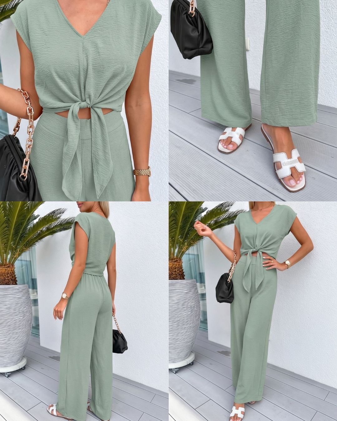 2 Piece Wide Leg Pants Set with V-Neck Belted Crop Top