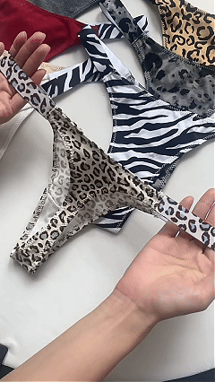 High-Cut Cotton Thong with Animal Print Straps