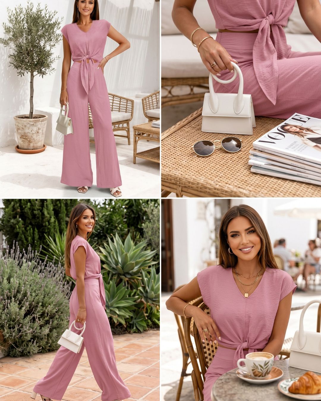 2 Piece Wide Leg Pants Set with V-Neck Belted Crop Top