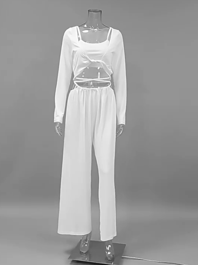 Wide-Leg Lounge Set 3-Piece Pajama Set with Cutout Detail