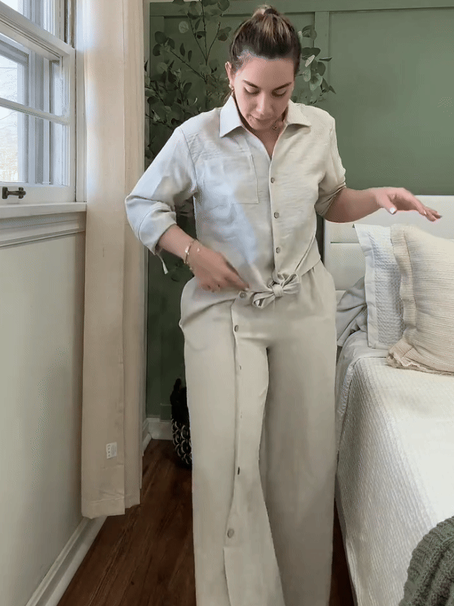 Linen-Blend Tie-Front Top & Wide-Leg Pants Set
