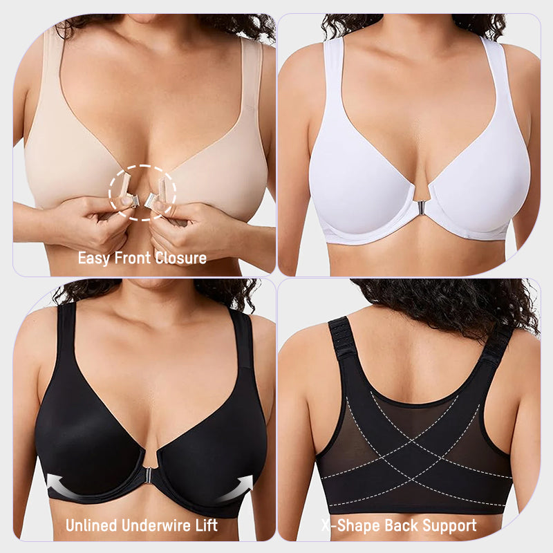 Front Closure Underwire Bra with Back Support & Wide Straps