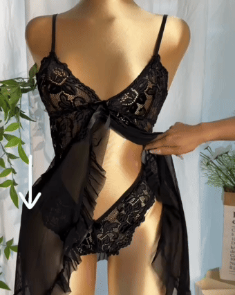 Lace Mesh See-Through Nightgown Set with Matching Thong
