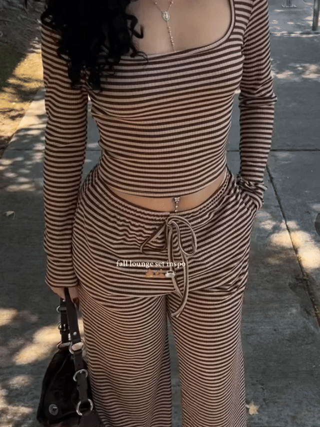 Women's Stripe Square Neck Crop Top & Wide Leg Pants Lounge Set