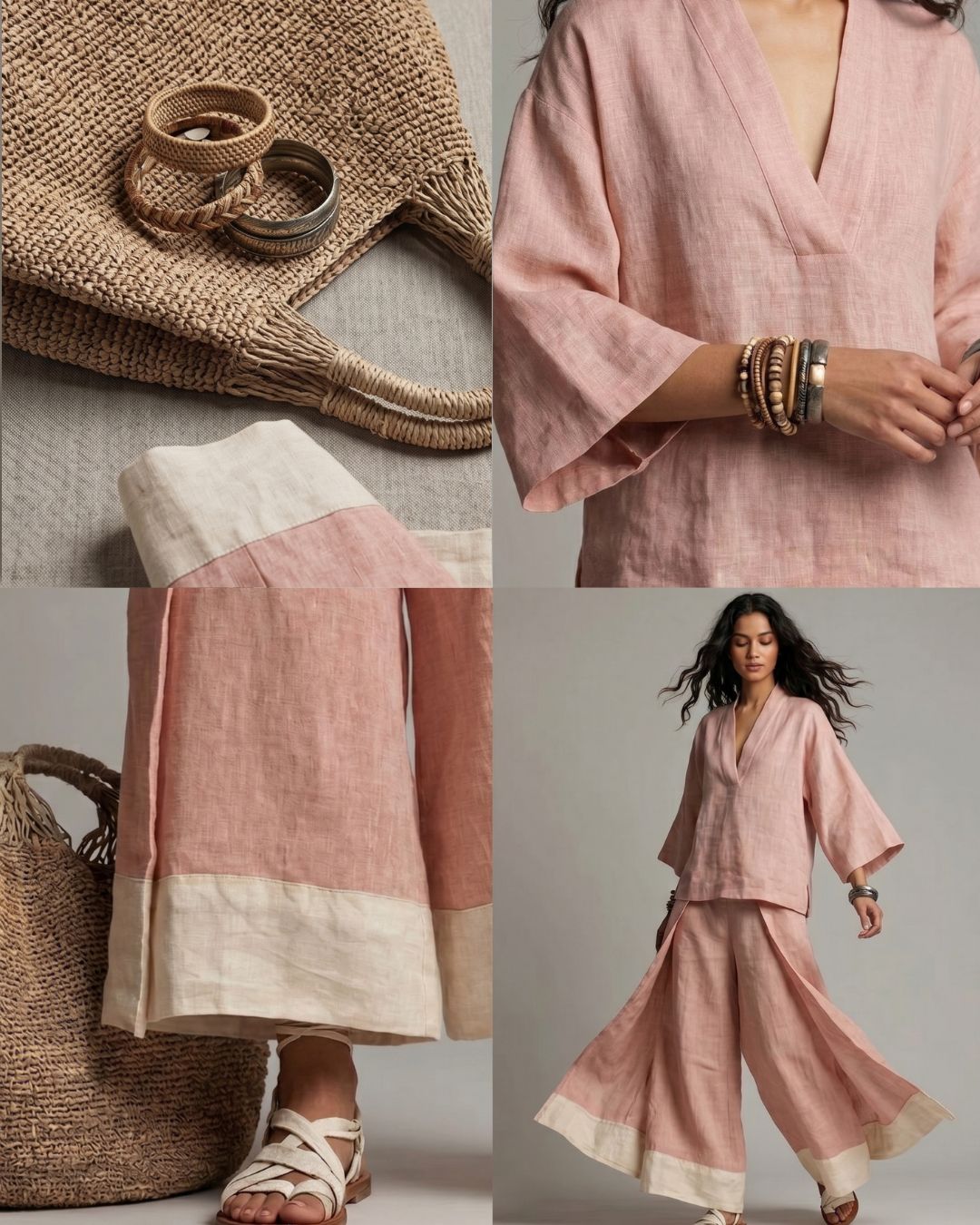 Linen Co-ord Set Deep V Tunic & Palazzo Pants Resort Wear