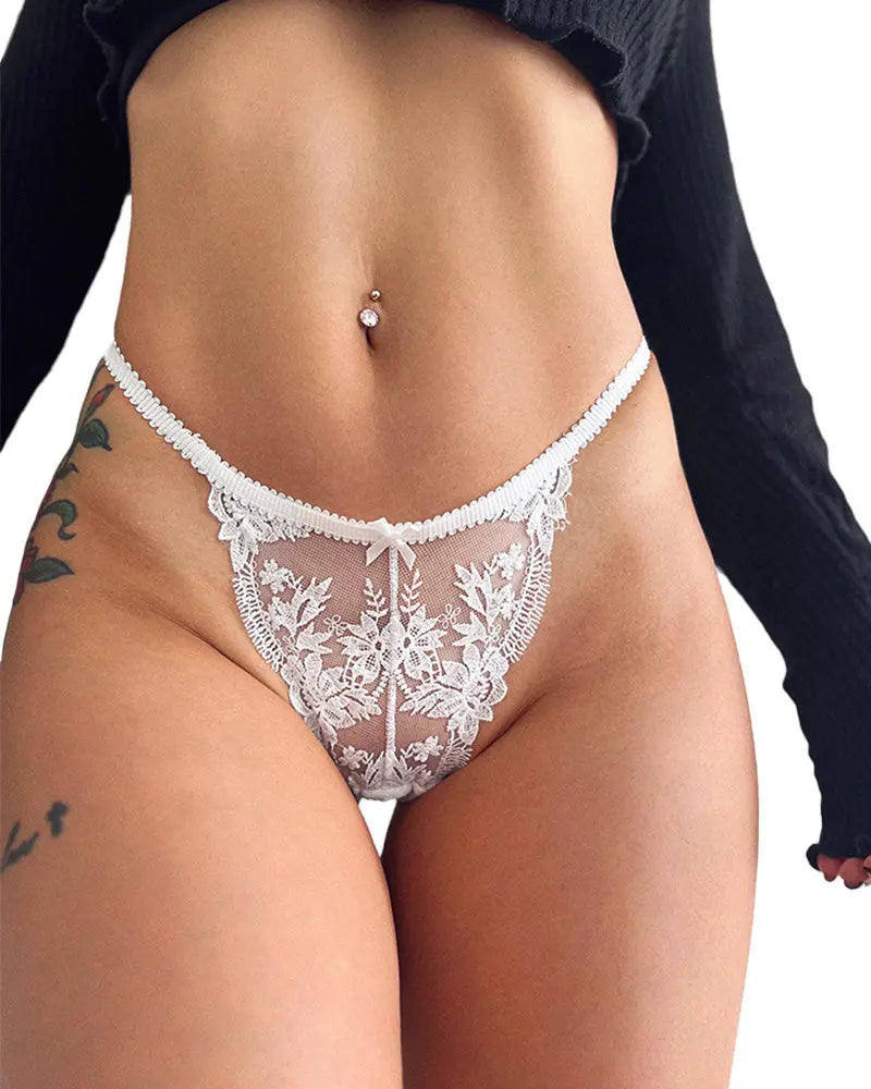 French Embroidered Sheer Lace Thong Panties
