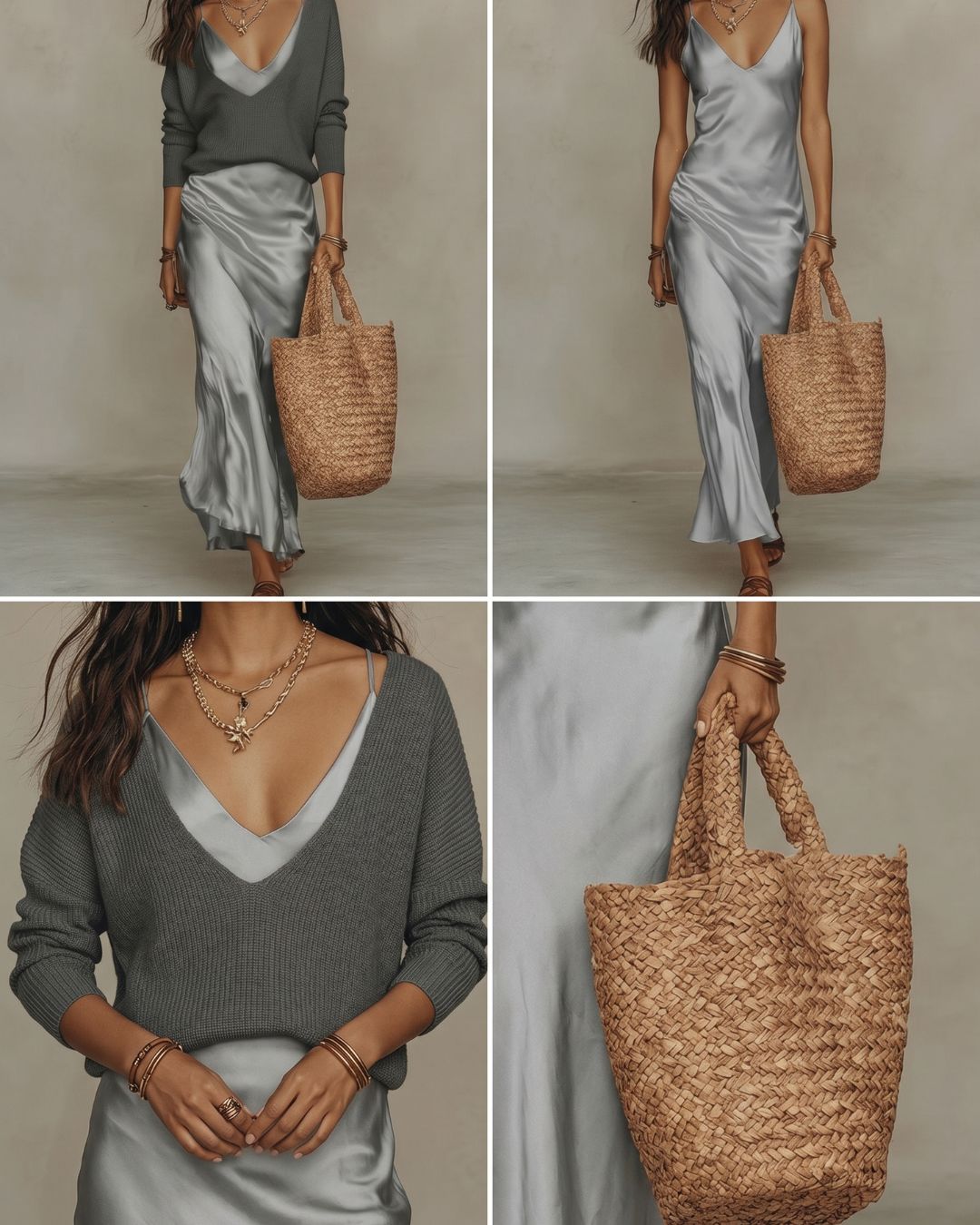 Knit & Satin Midi Skirt Set – Ivory Coordinated Ensemble